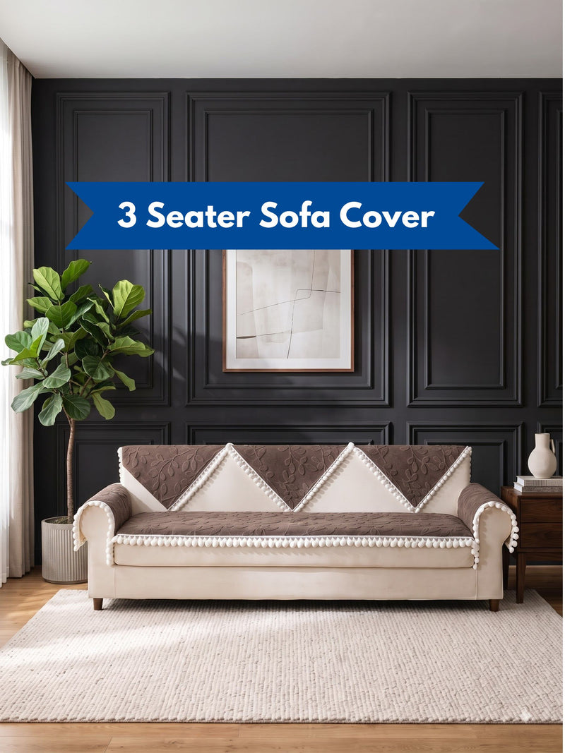 Luxury Floral Jacquard 3-Seater Sofa Cover Mat with Pom-Pom Lace Border – Anti-Slip Couch Runner Protector Set (Brown / Coffee)