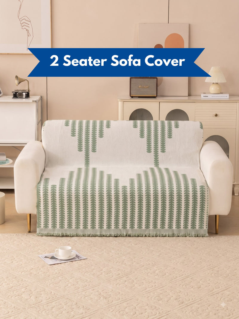 Modern Sage Green Leaf Printed 2-Seater Sofa Runner Cover with Fringe Details | Loveseat Protector Mat