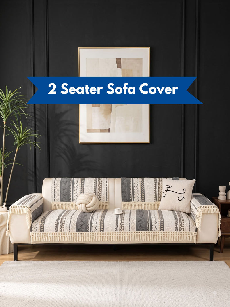 Nordic Boho Sofa Cover – 2 Seater Fringed Couch Throw (Grey Aztec Weave) Handwoven Tassel Sofa Protector | 2 Seater Bohemian Chic Cover – Grey Edition