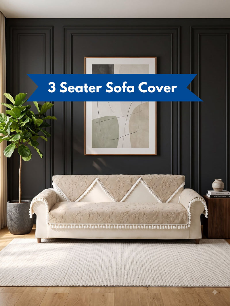 Luxury Floral Jacquard 3-Seater Sofa Cover Mat with Pom-Pom Lace Border – Anti-Slip Couch Runner Protector Set (Beige / Cream)