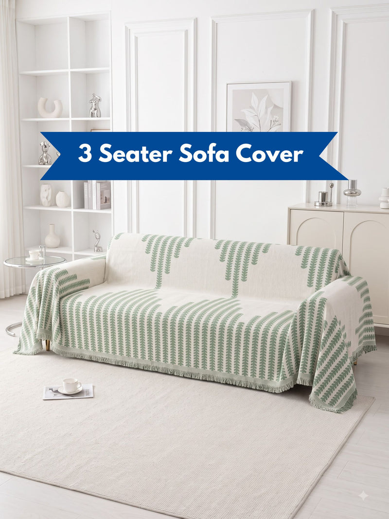 Modern Sage Green Leaf Printed 3-Seater Sofa Cover with Fringe Details | Couch Slipcover Protector