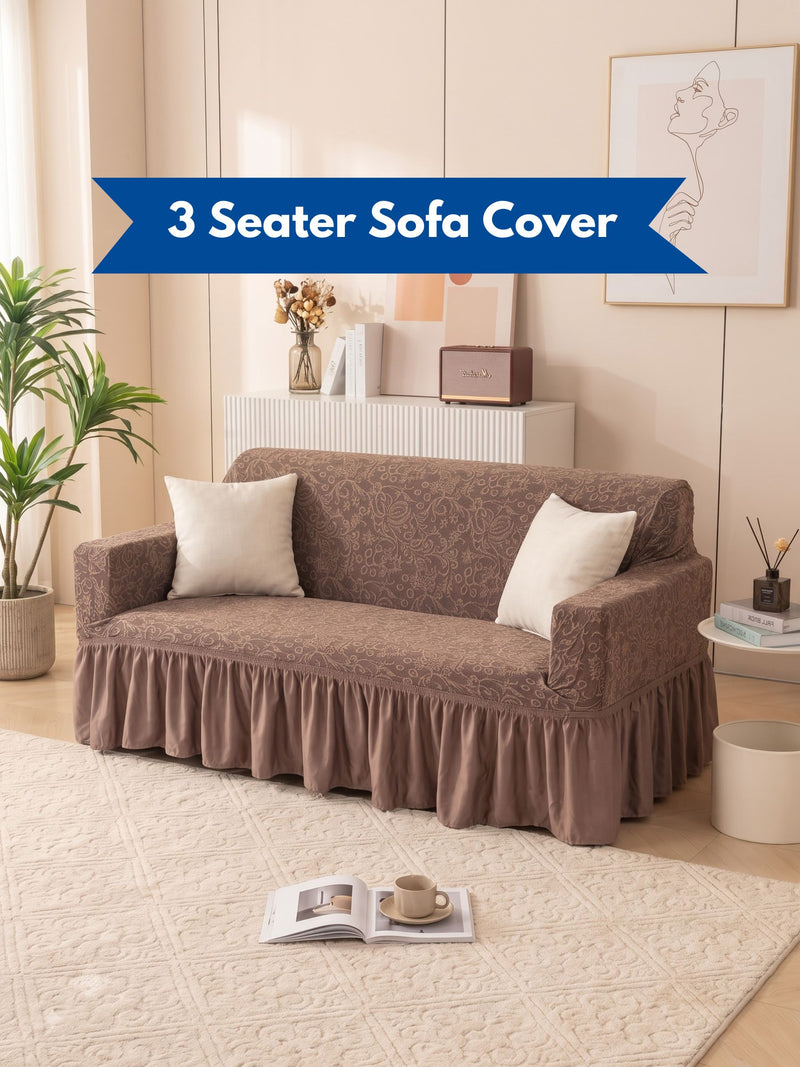 Premium Jacquard Elastic Stretch 3-Seater Sofa Cover with Ruffle Frill Skirt – Fitted Couch Slipcover (Tan / Beige)