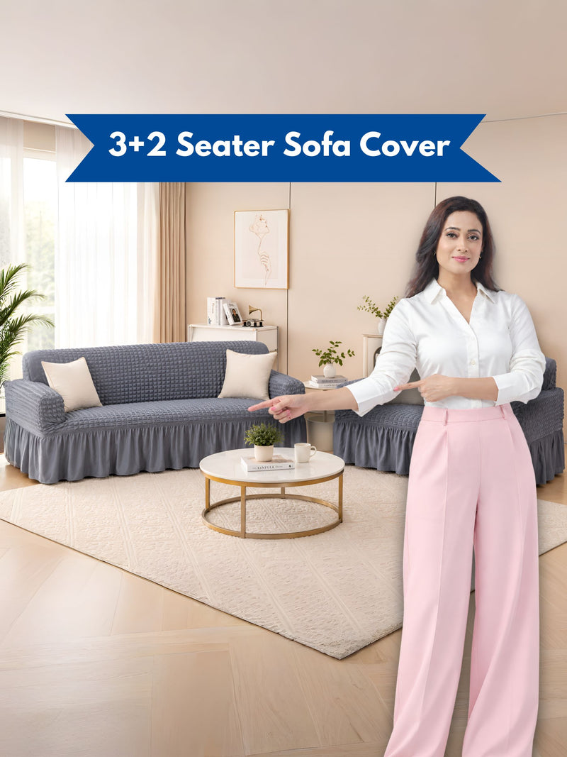 Premium 3+2 Seater Elasticated Stretchable Sofa Cover Set with Frill Skirt