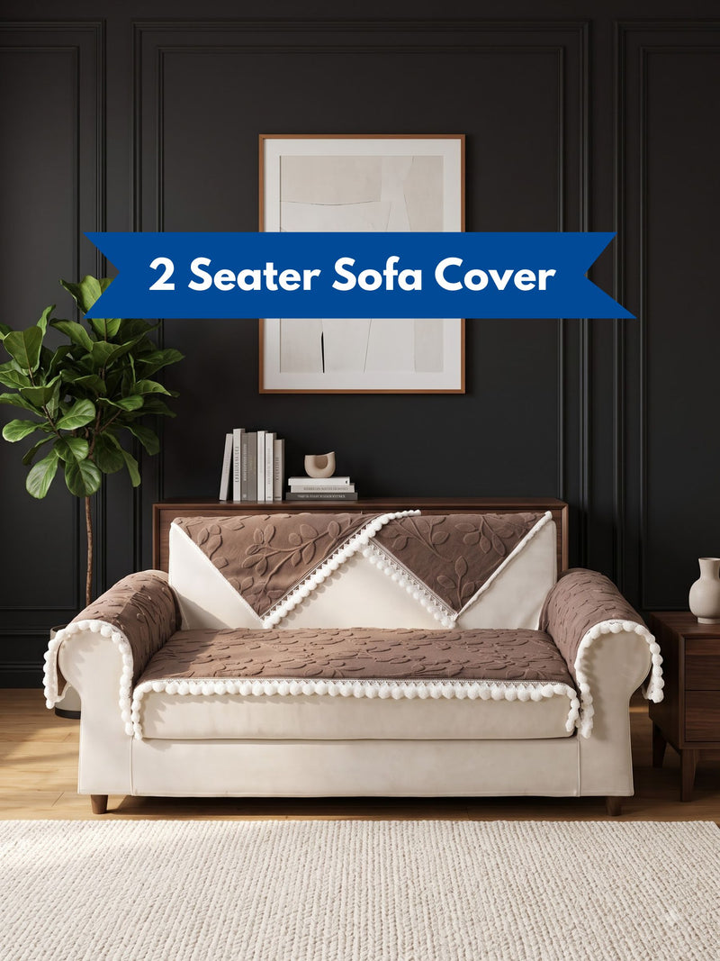 Luxury Floral Jacquard 2-Seater Sofa Cover Mat with Pom-Pom Lace Border – Anti-Slip Loveseat Runner Protector Set (Brown / Coffee)