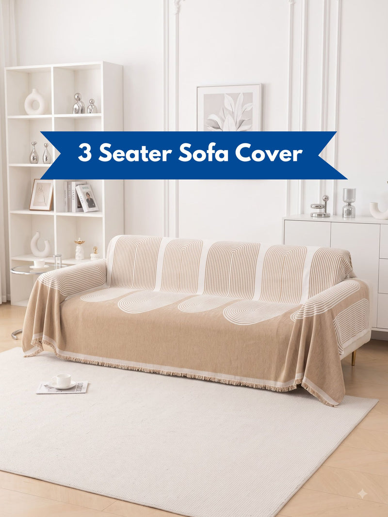 Minimalist Geometric Arch Printed 3-Seater Sofa Cover with Fringe Details | Couch Slipcover Protector