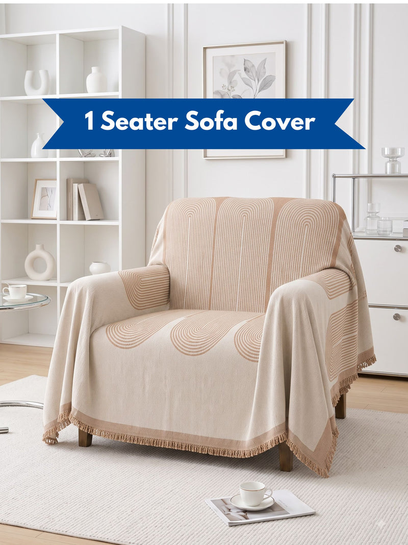 Luxury Beige Geometric 1-Seater Sofa Protector Throw | Dust & Pet-Proof Single Couch Cover