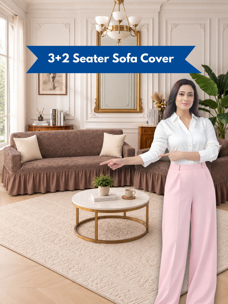Premium Elasticated 3+2 Seater Sofa Cover Set with Frill – Brown