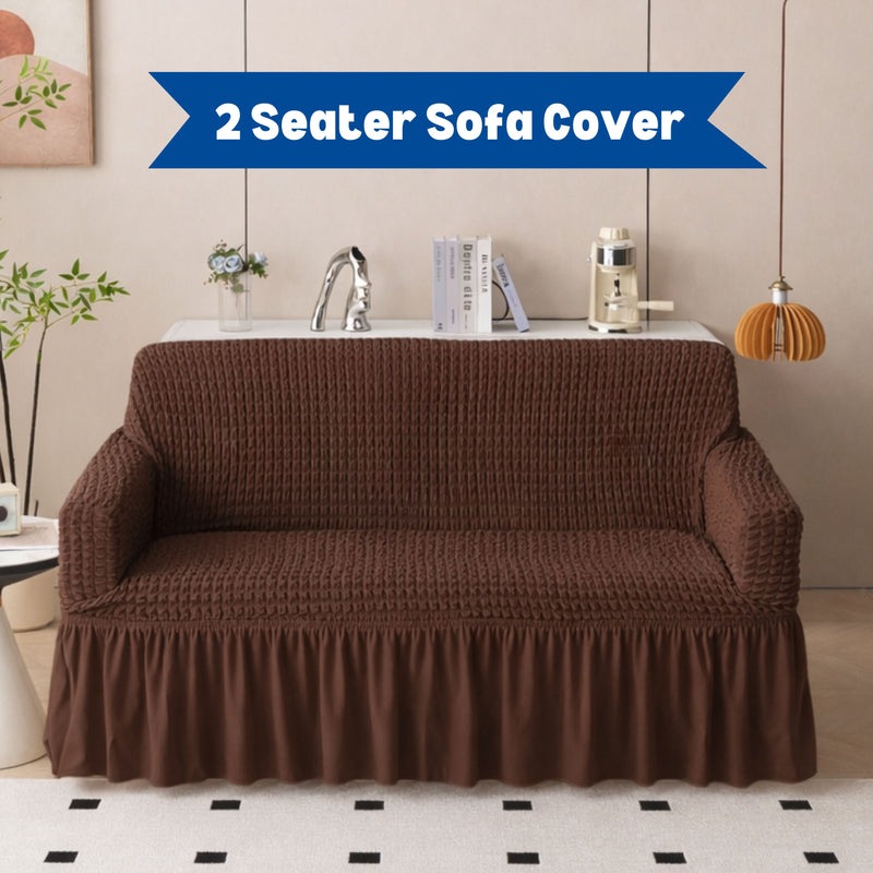 Premium Bubble Frill 2-Seater Sofa Cover - Brown