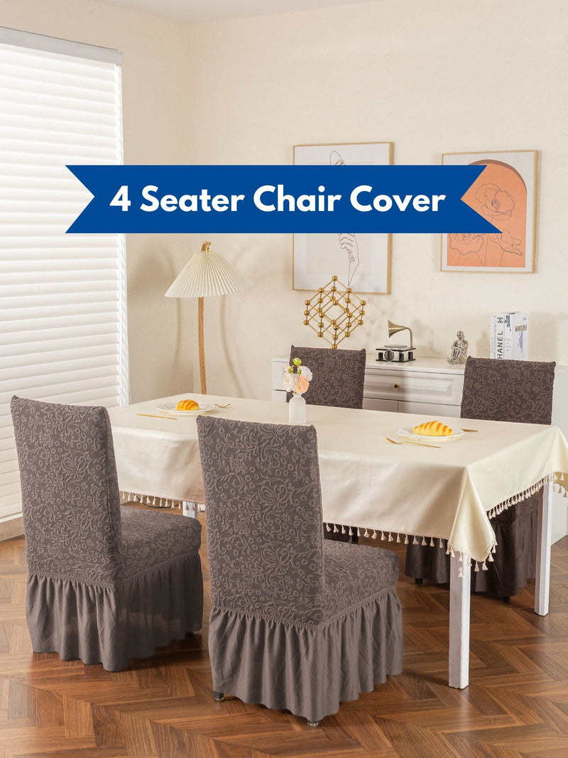 Premium Jacquard Stretch Dining Chair Covers with Ruffle Frill Skirt – Pack of 4 (Grey / Dark Grey)