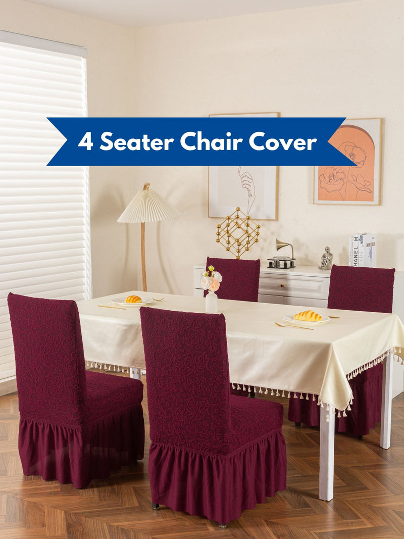 Premium Jacquard Stretch Dining Chair Covers with Ruffle Frill Skirt – Pack of 4 (Maroon / Wine Red)