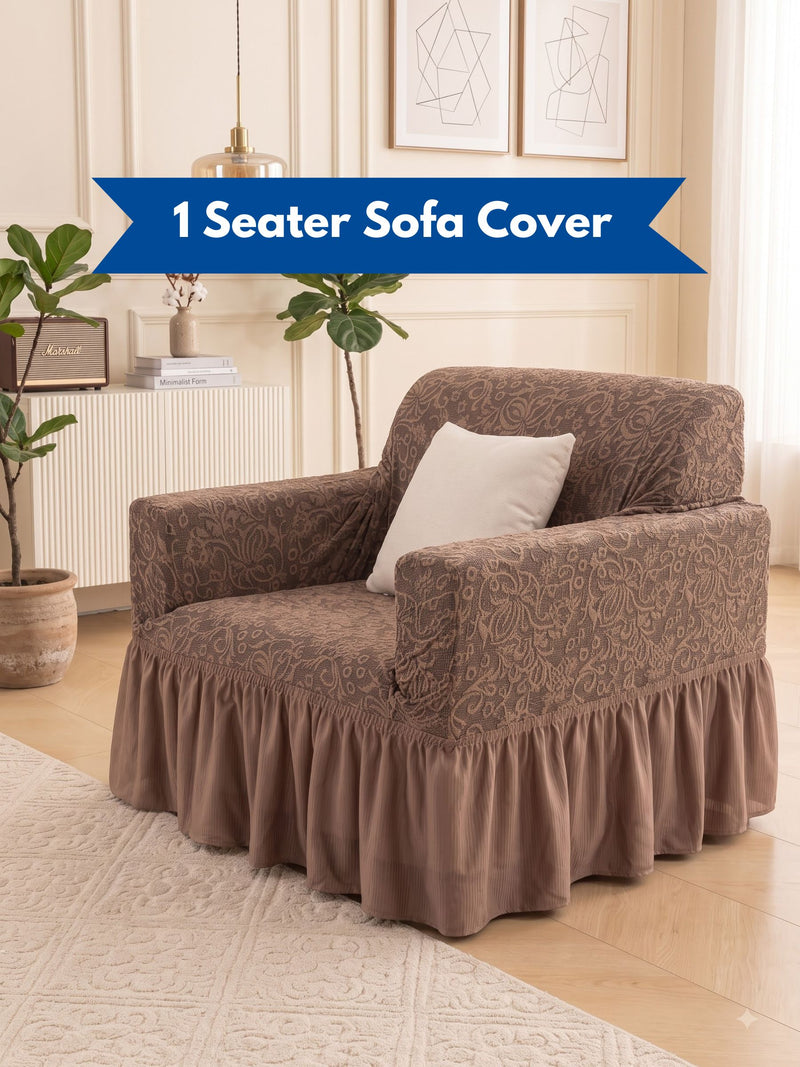 Premium Jacquard Elastic Stretch 1-Seater Sofa Cover with Ruffle Frill Skirt – Fitted Armchair Slipcover (Tan / Beige)
