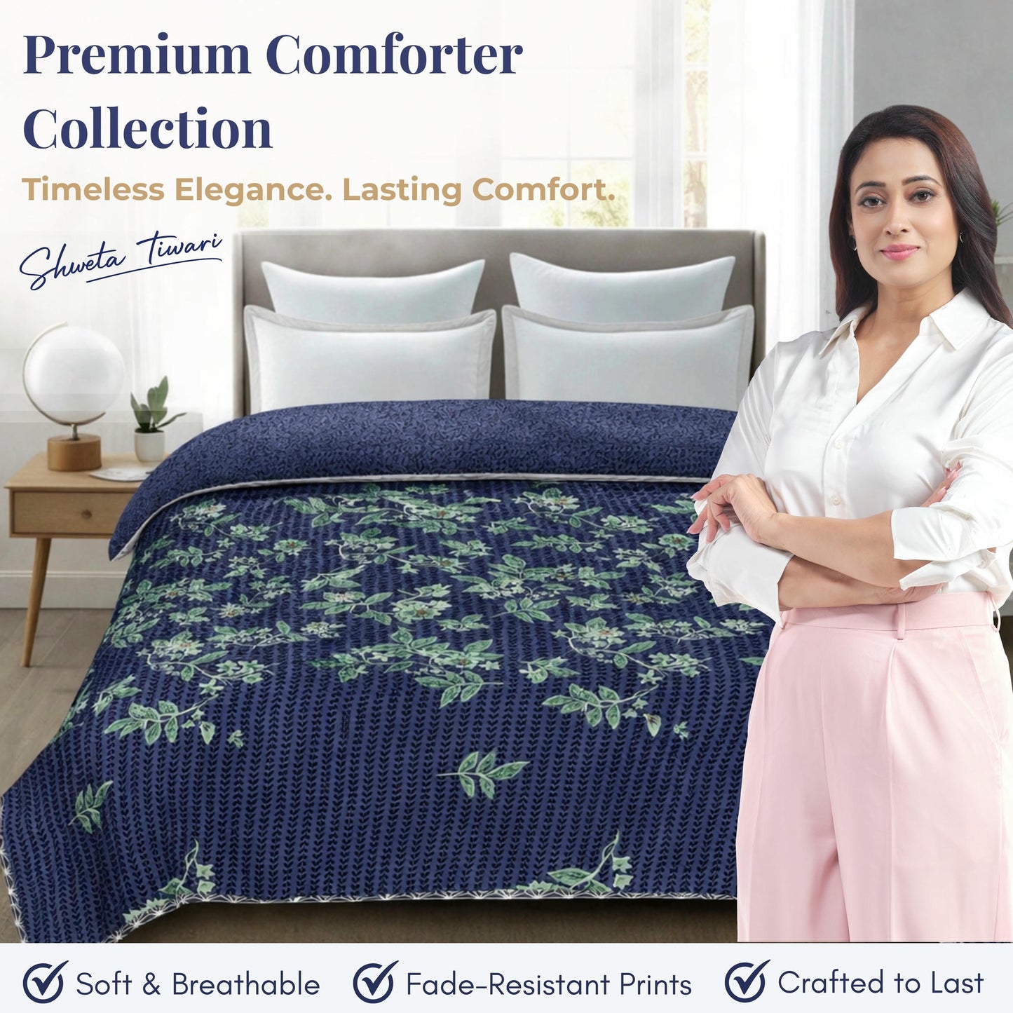 Premium Reversible Comforter for AC | Soft, Breathable & Fade-Resistant Bedding Set Midnight Leaf Weave