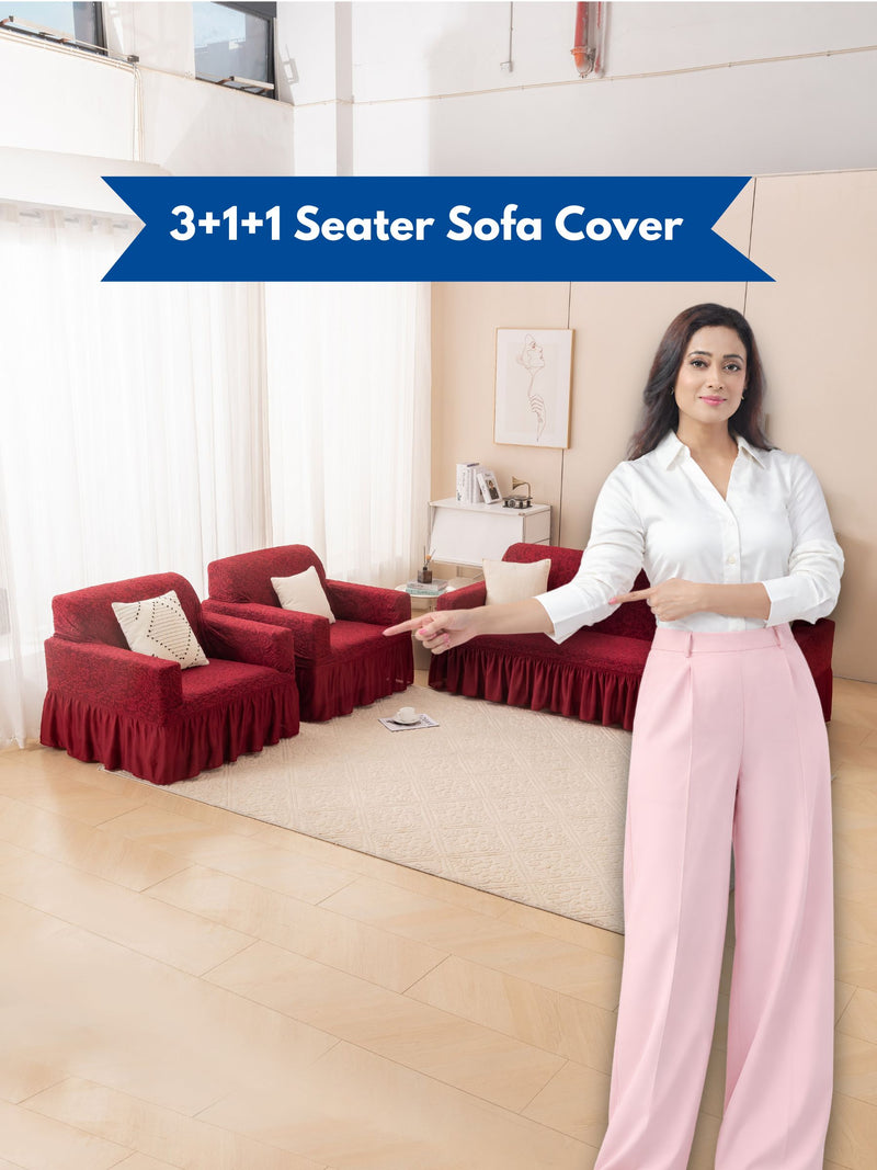 Premium Elasticated 3+1+1 Seater Sofa Cover Set with Frill – Maroon Red   Luxury Elastic Slipcover Set for 3+1+1 Seater Sofa Set (Dust-Proof & Stretchable)