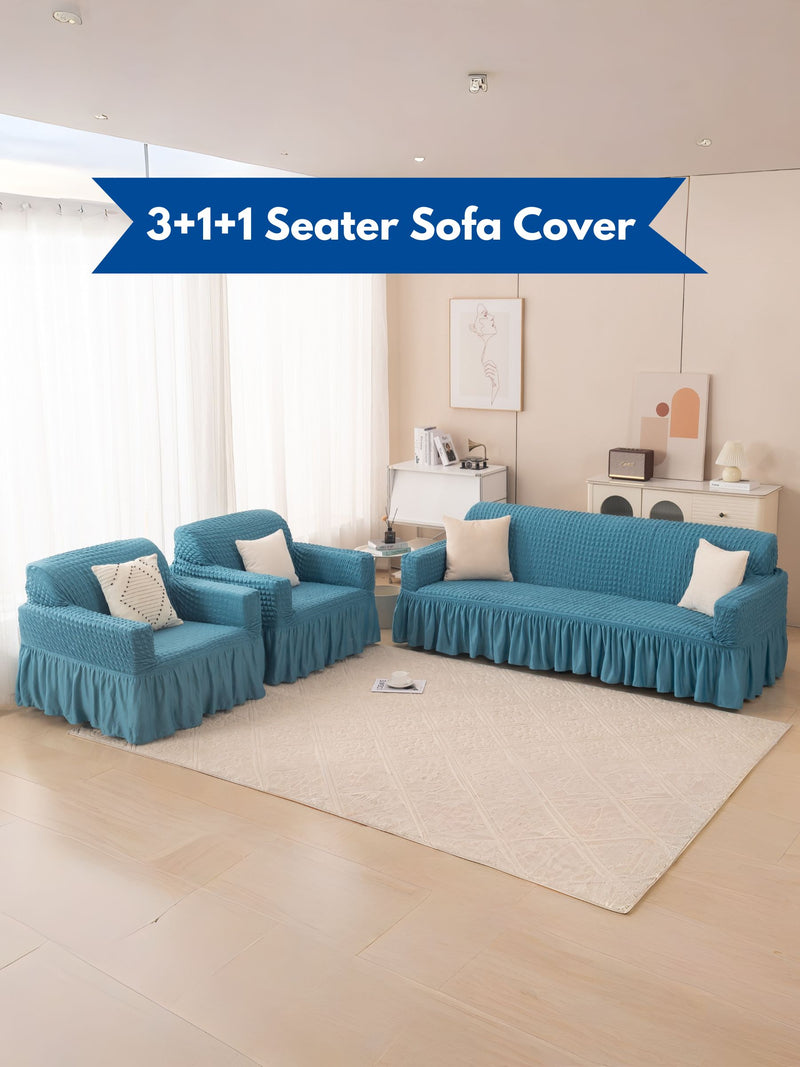 Premium 3+1+1 Seater Elasticated Stretchable Sofa Cover Set with Frill Skirt (Peacock Blue)