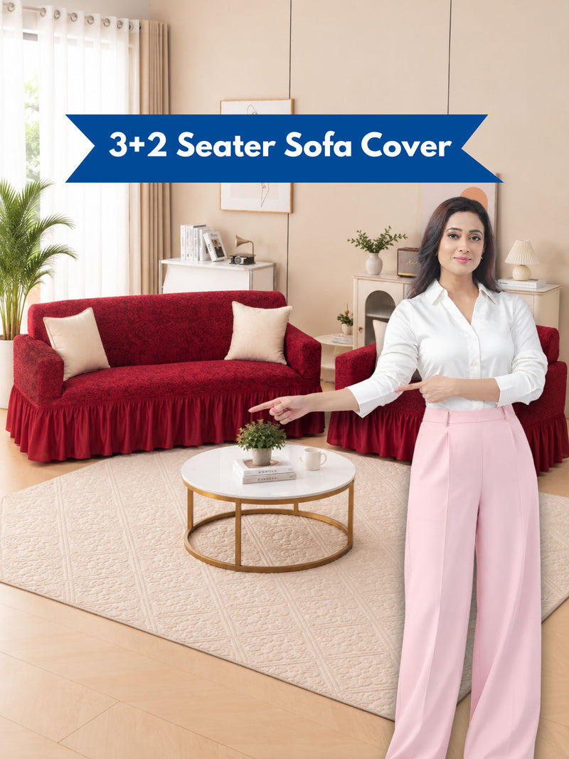Premium Elasticated 3+2 Seater Sofa Cover Set with Frill – Maroon Red