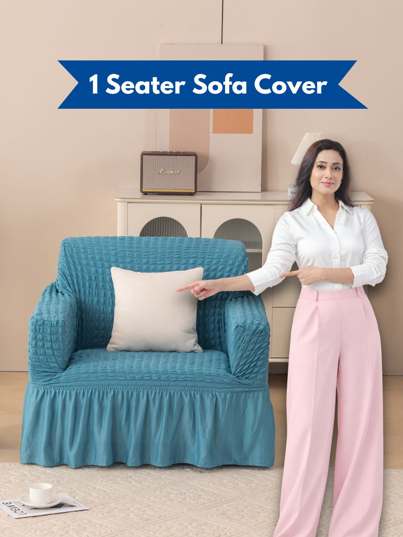 Teal Blue 1 Seater Stretchable Sofa Cover | Premium Fitted Sofa Cover | Magic In Home