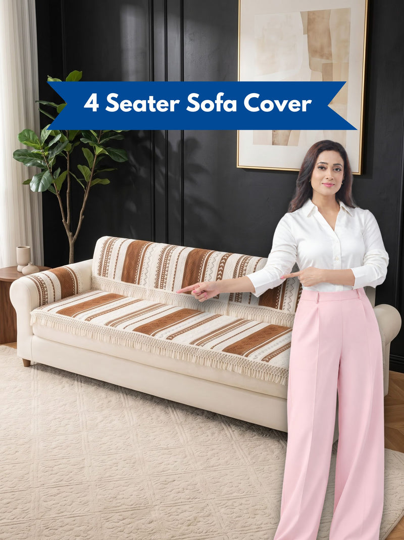 Boho Tassel Sofa Cover – 4 Seater Sofa Protector with Fringe (Cream & Brown) Bohemian Woven Sofa Slipcover | Fringed Couch Cover for 4 Seater Sofa Aztec Pattern Sofa Cover with Tassels – Non-Slip 4 Seater Sofa Protector