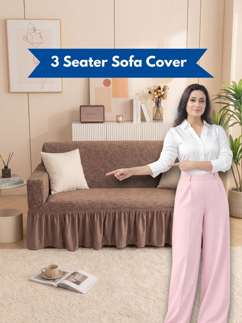 Premium Jacquard Elastic Stretch 3-Seater Sofa Cover with Ruffle Frill Skirt – Fitted Couch Slipcover (Tan / Beige)