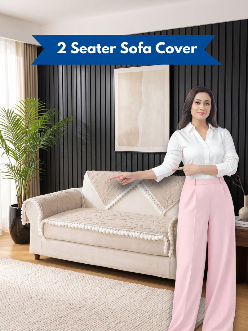 Luxury Floral Jacquard 2-Seater Sofa Cover Mat with Pom-Pom Lace Border – Anti-Slip Loveseat Runner Protector Set (Beige / Cream)