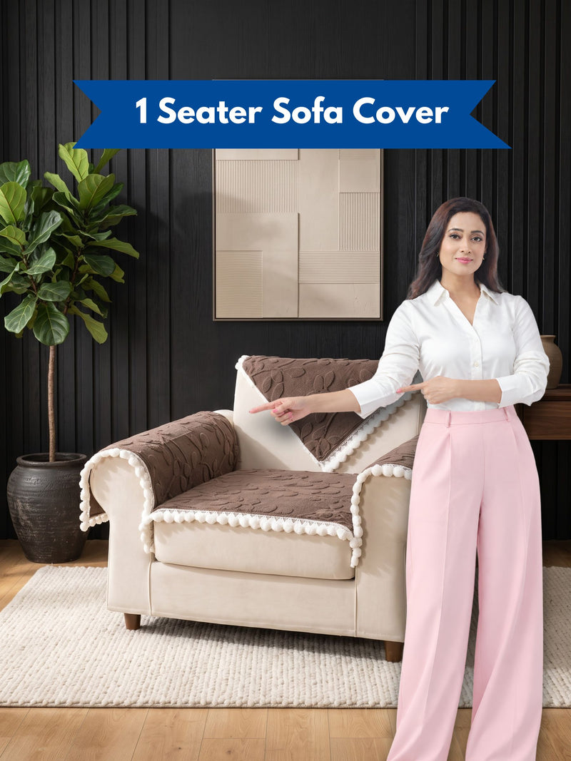 Luxury Floral Jacquard 1-Seater Sofa Cover Mat with Pom-Pom Lace Border – Anti-Slip Armchair Runner Protector Set (Brown / Coffee)