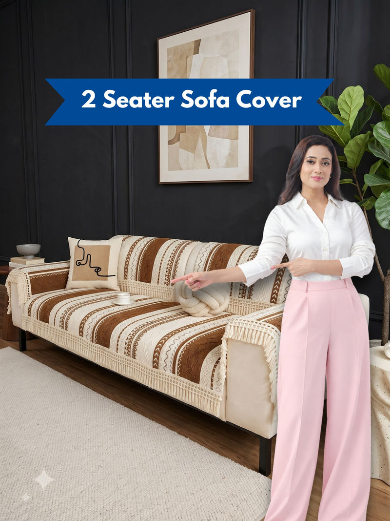 Boho Tassel Sofa Cover – 2 Seater Sofa Protector with Fringe (Cream & Brown) Bohemian Woven Sofa Slipcover | Fringed Couch Cover for 2 Seater Sofa Aztec Pattern Sofa Cover with Tassels – Non-Slip 2 Seater Sofa Protector