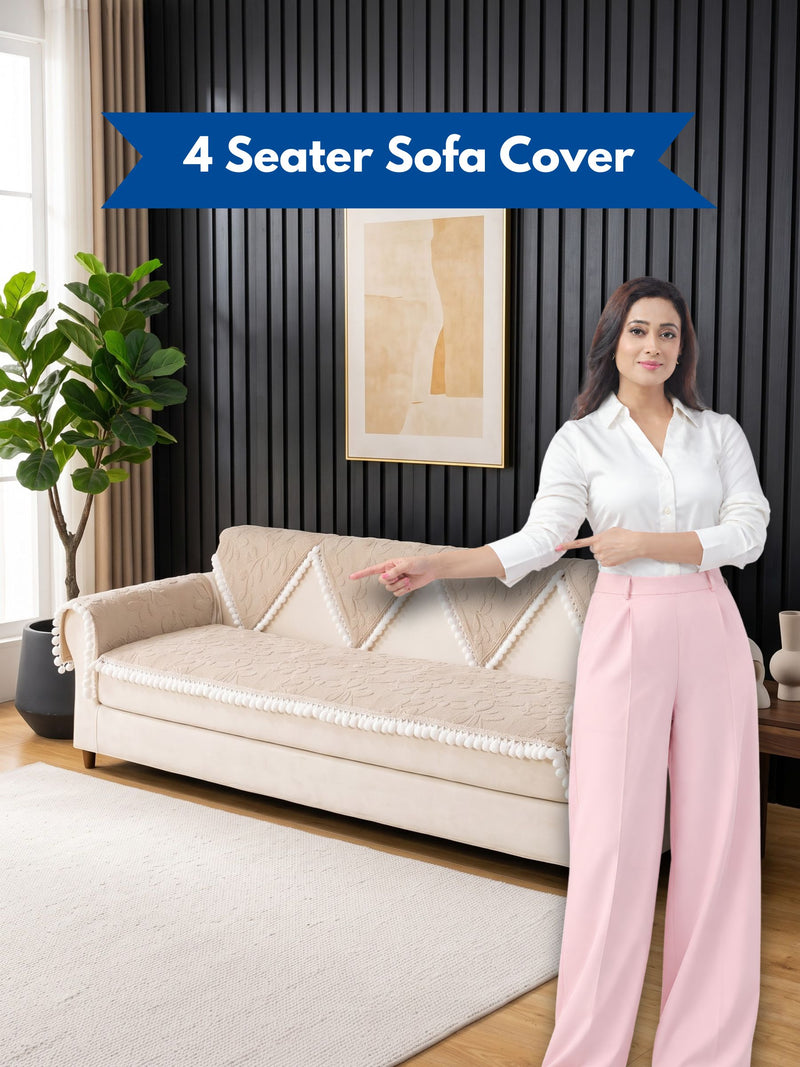 Luxury Floral Jacquard 4-Seater Sofa Cover Mat with Pom-Pom Lace Border – Anti-Slip Extra-Large Couch Runner Protector Set (Beige / Cream)