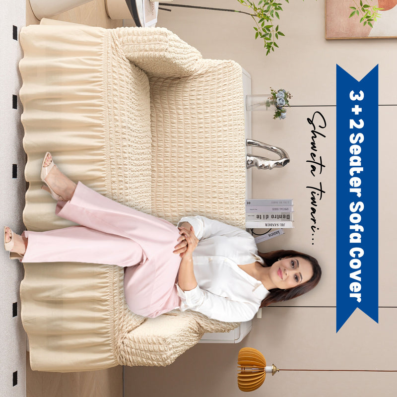 Premium Bubble Frill 3+2 Seater Sofa Cover Set - Cream Beige