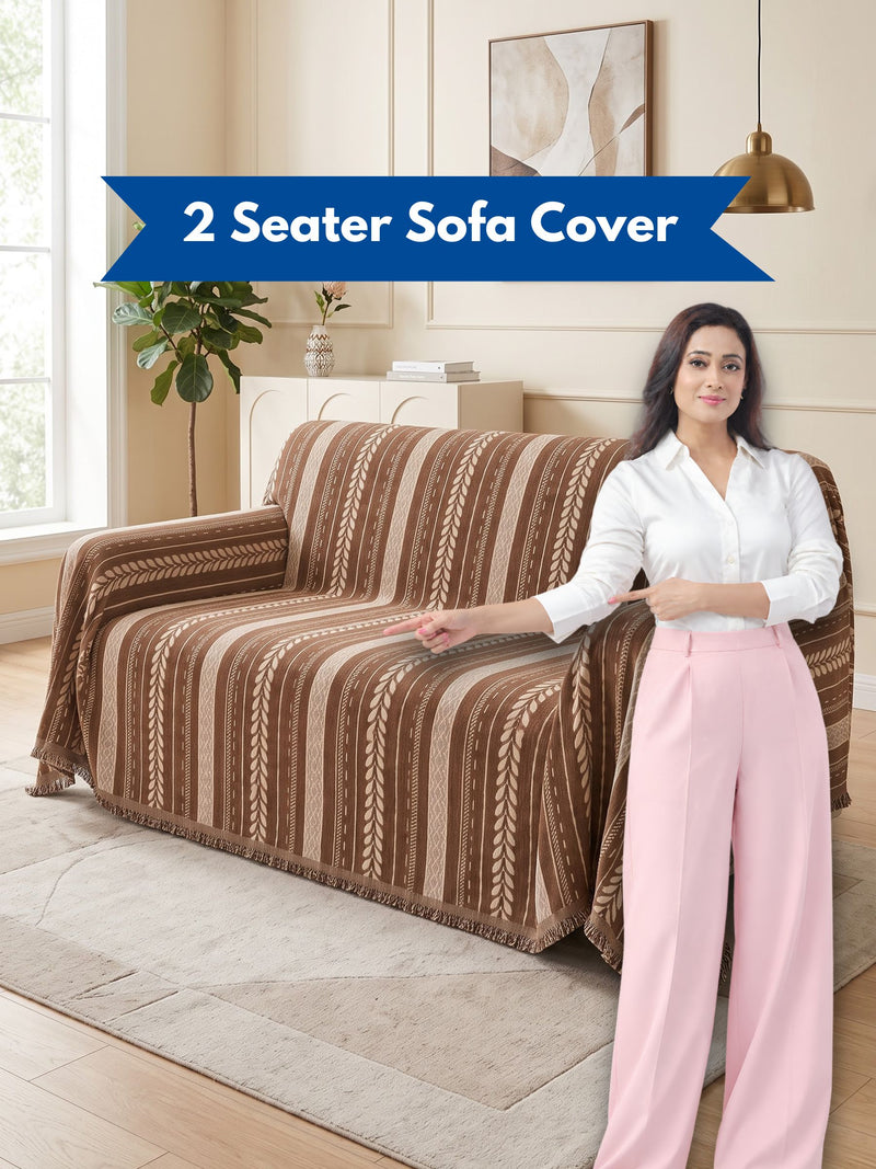 Premium Cotton Printed 2-Seater Sofa Cover with Fringe Details | Loveseat Slipcover Protector