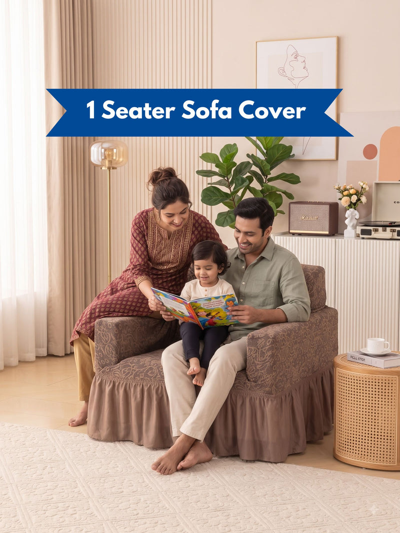 Premium Jacquard Elastic Stretch 1-Seater Sofa Cover with Ruffle Frill Skirt – Fitted Armchair Slipcover (Tan / Beige)