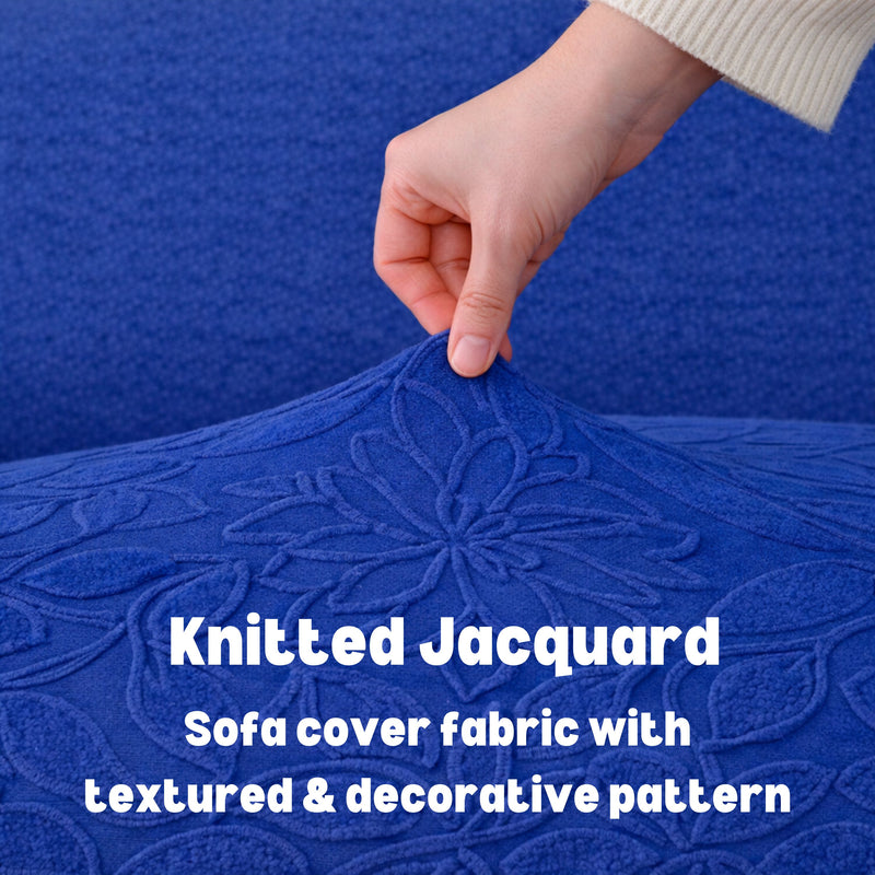 Premium 4 Seater Sofa Cover - Knitted Jacquard, Floral Textured Elastic Slipcover (Navy Blue)