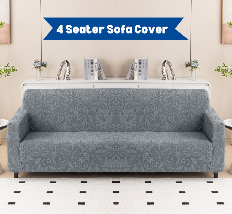 Premium 4 Seater Sofa Cover - Knitted Jacquard, Floral Textured Elastic Slipcover (Grey)