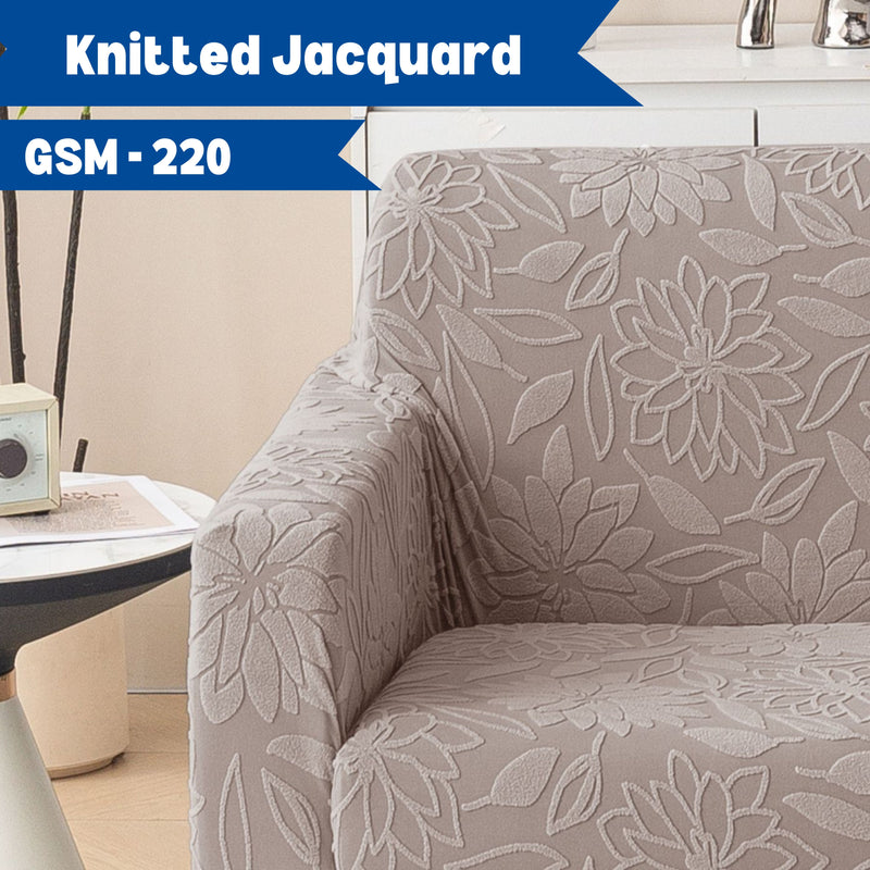 Premium 2 Seater Sofa Cover - Knitted Jacquard, Floral Textured Elastic Slipcover (Brown)