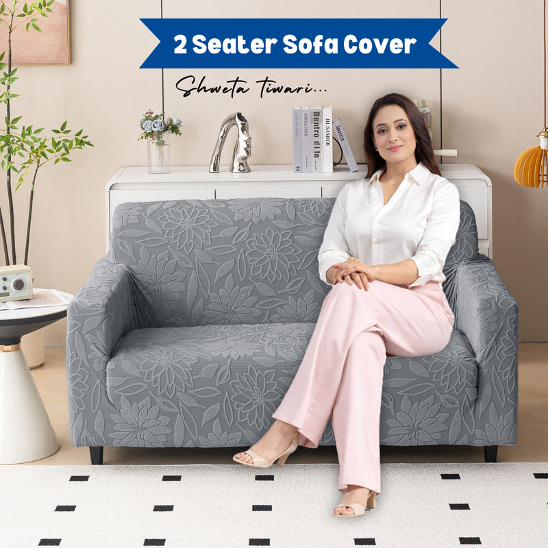 Premium 2 Seater Sofa Cover - Knitted Jacquard, Floral Textured Elastic Slipcover (Grey)