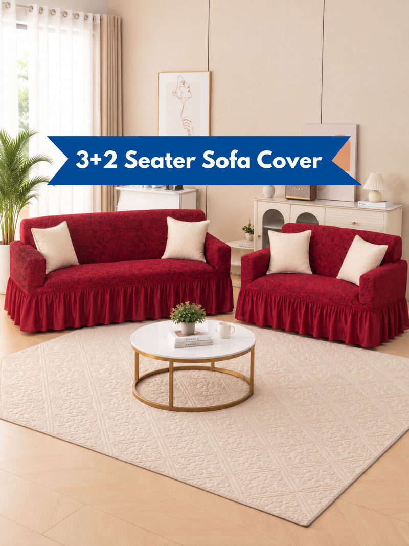 Premium Elasticated 3+2 Seater Sofa Cover Set with Frill – Maroon Red