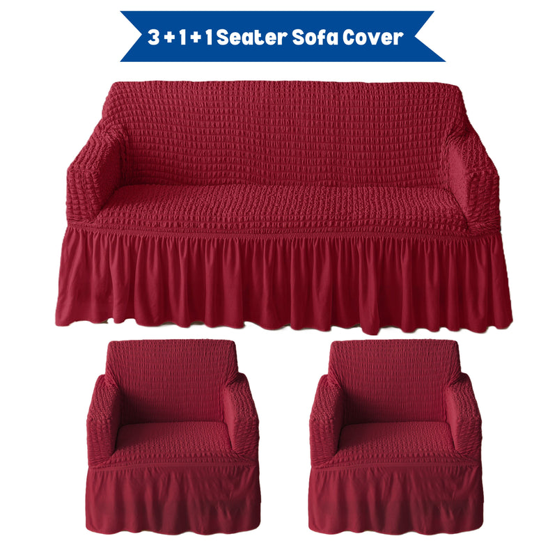Premium Bubble Frill 3+1+1 Seater Sofa Cover Set - High Stretch Textured Fabric (Maroon)