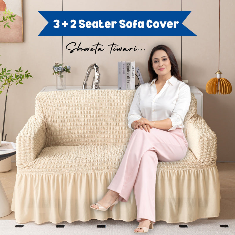 Premium Bubble Frill 3+2 Seater Sofa Cover Set - Cream Beige
