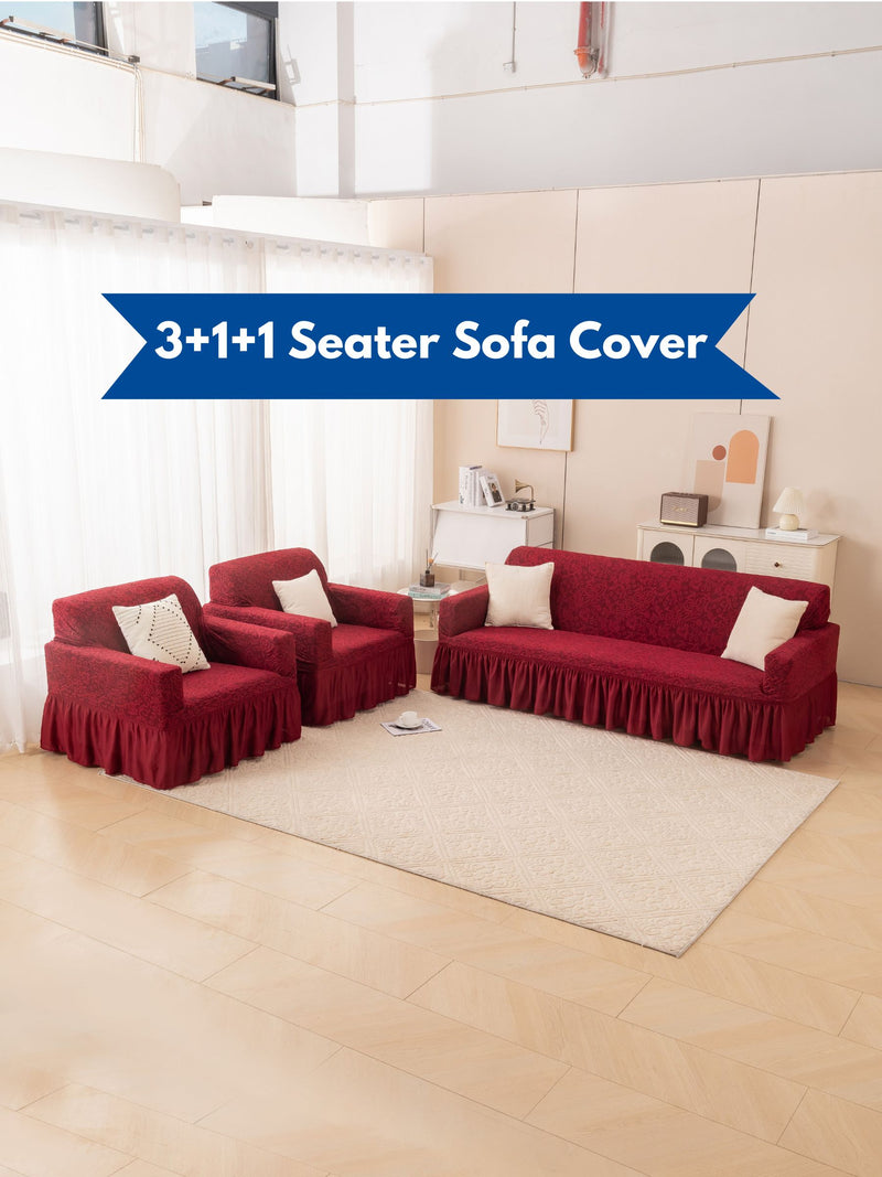 Premium Elasticated 3+1+1 Seater Sofa Cover Set with Frill – Maroon Red   Luxury Elastic Slipcover Set for 3+1+1 Seater Sofa Set (Dust-Proof & Stretchable)