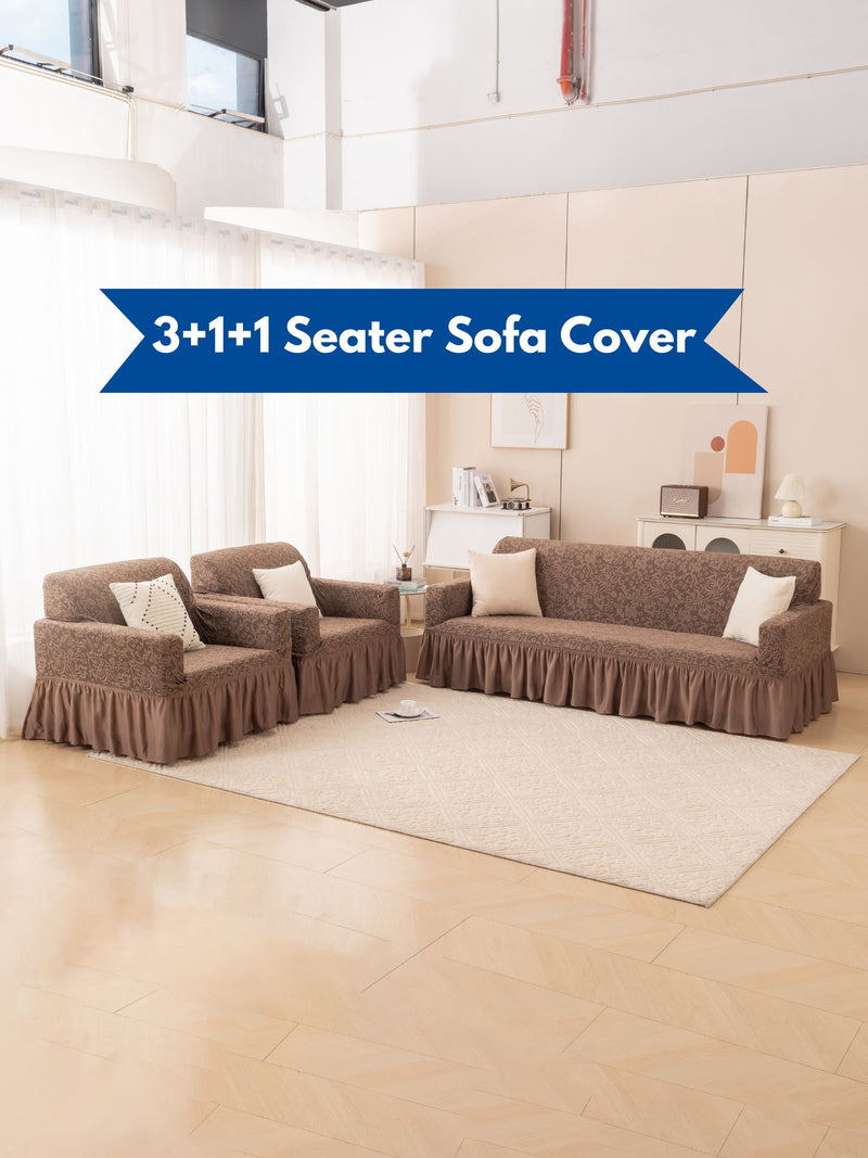 Premium Elasticated 3+1+1 Seater Sofa Cover Set with Frill – Brown