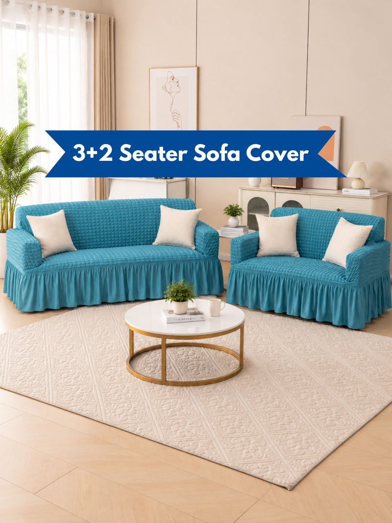 Elegant 5-Seater (3+2) Teal Blue Jacquard Elastic Sofa Slipcover Set with Ruffle Border