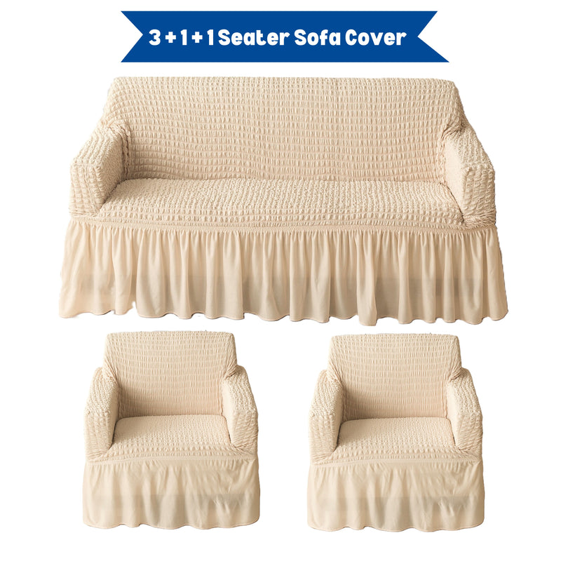 Premium Bubble Frill 3+1+1 Seater Sofa Cover Set - High Stretch Textured Fabric (Beige)