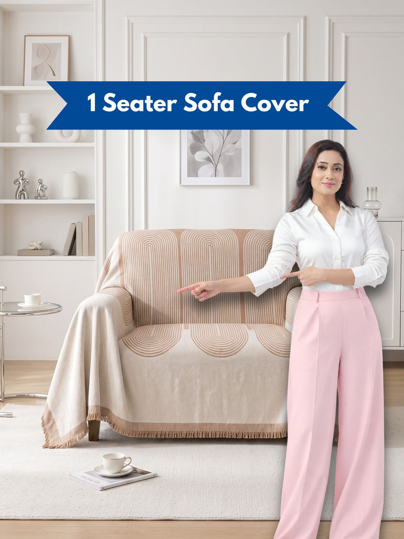 Luxury Beige Geometric 1-Seater Sofa Protector Throw | Dust & Pet-Proof Single Couch Cover