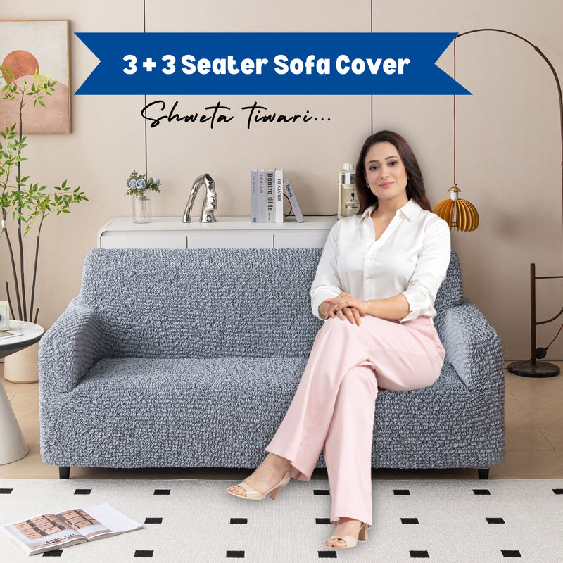 Premium 3+3 Seater Sofa Cover Set - Microfiber Stretchable Italian Textured Slipcovers (Grey)