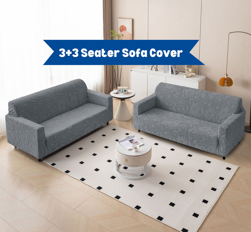 Premium 3+3 Seater Sofa Cover Set - Knitted Jacquard, Floral Textured Elastic Slipcovers (Grey)