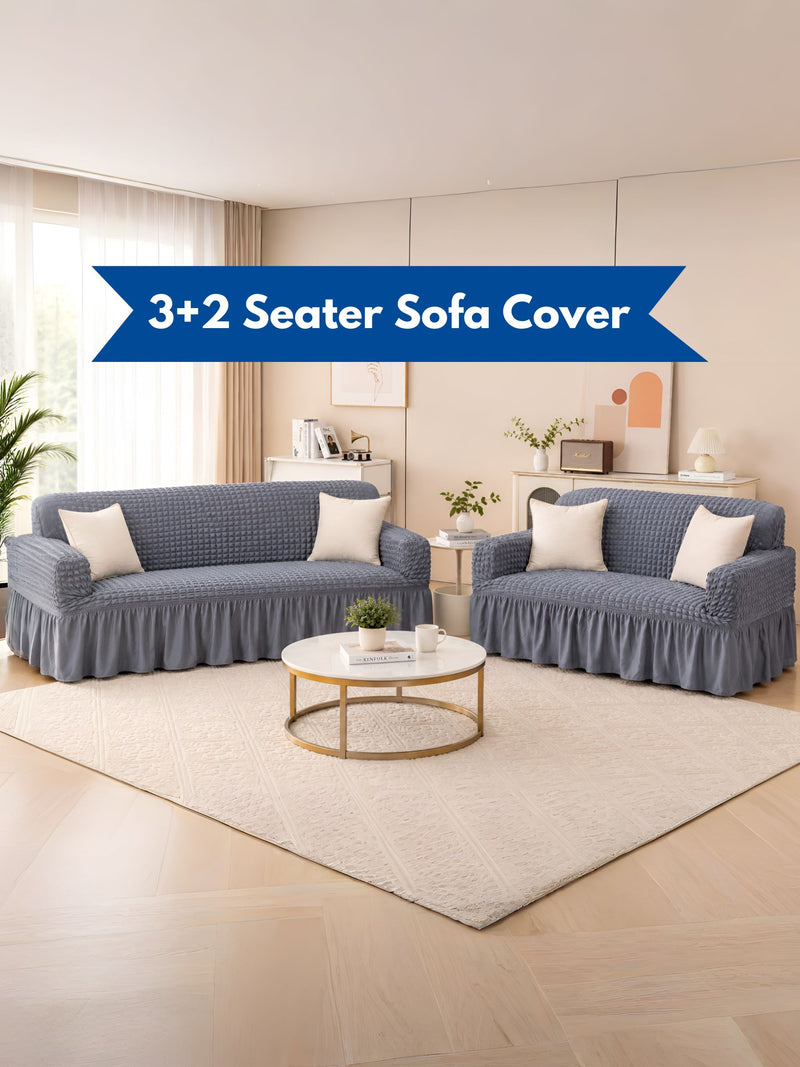 Premium 3+2 Seater Elasticated Stretchable Sofa Cover Set with Frill Skirt