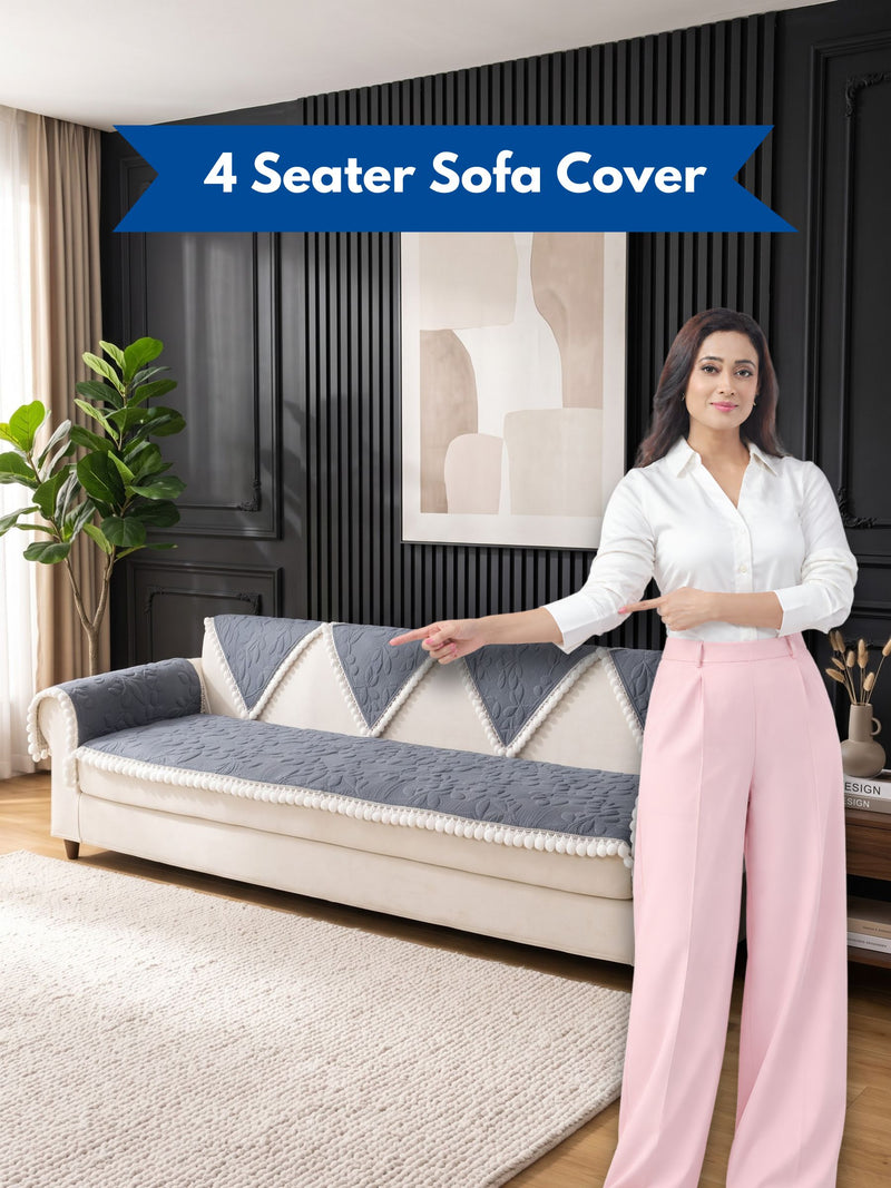 Premium Velvet 4-Seater Sofa Cover with White Pom-Pom Lace Trim & Geometric Triangle Backrest Slipcover