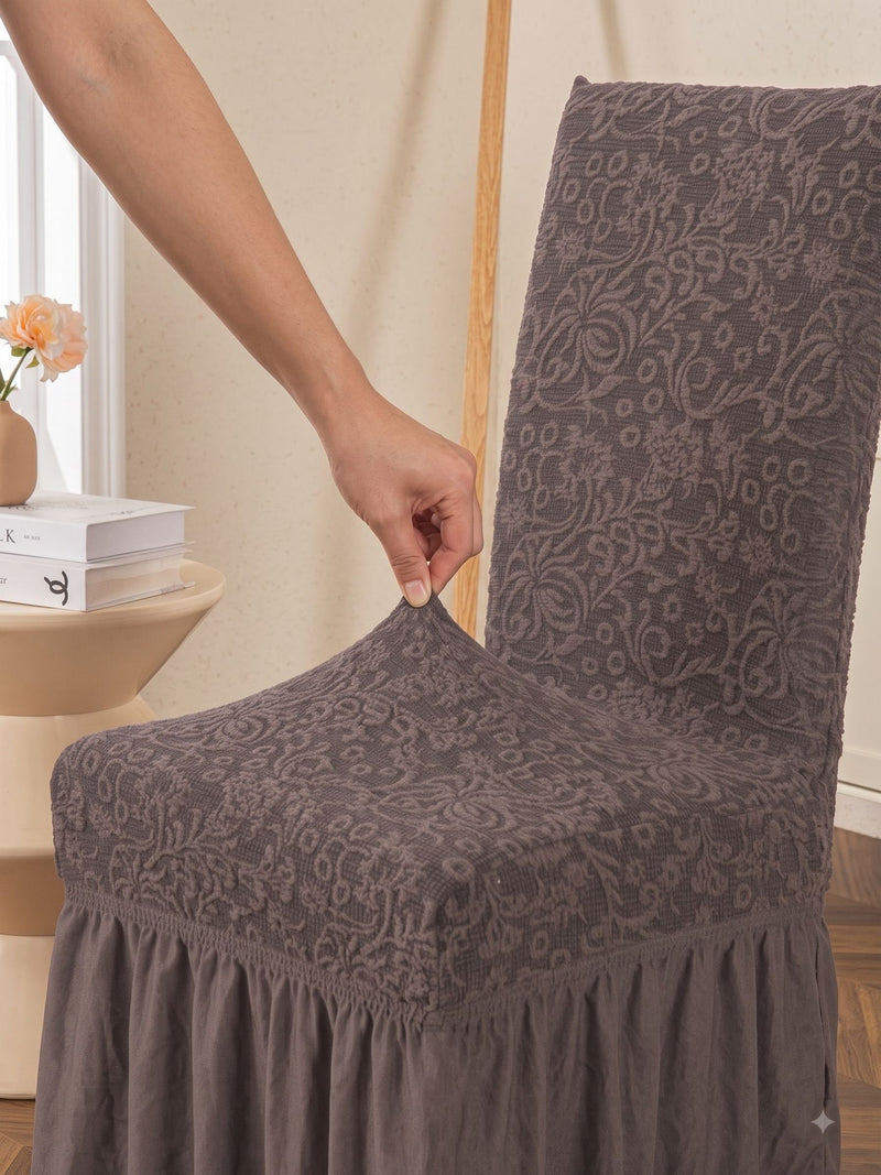 Premium Jacquard Stretch Dining Chair Covers with Ruffle Frill Skirt – Pack of 4 (Grey / Dark Grey)