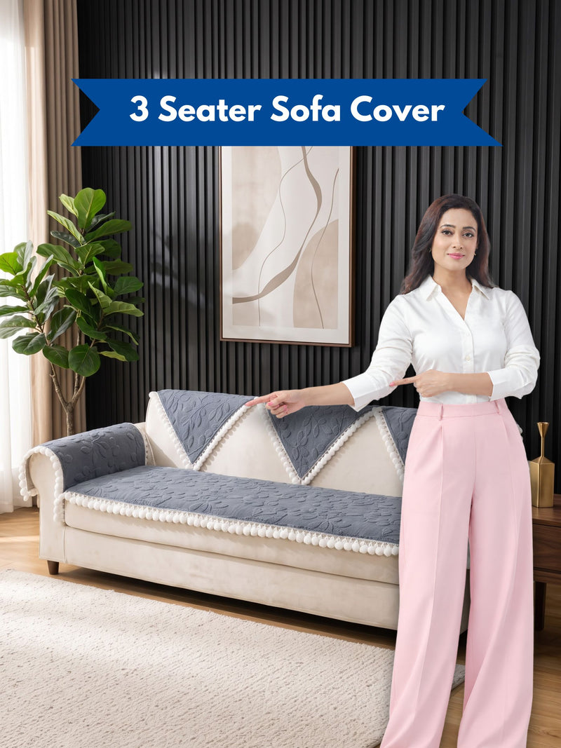 Luxury Velvet Textured 3-Seater Sofa Slipcover | Anti-Slip Couch Protector with Lace Borders