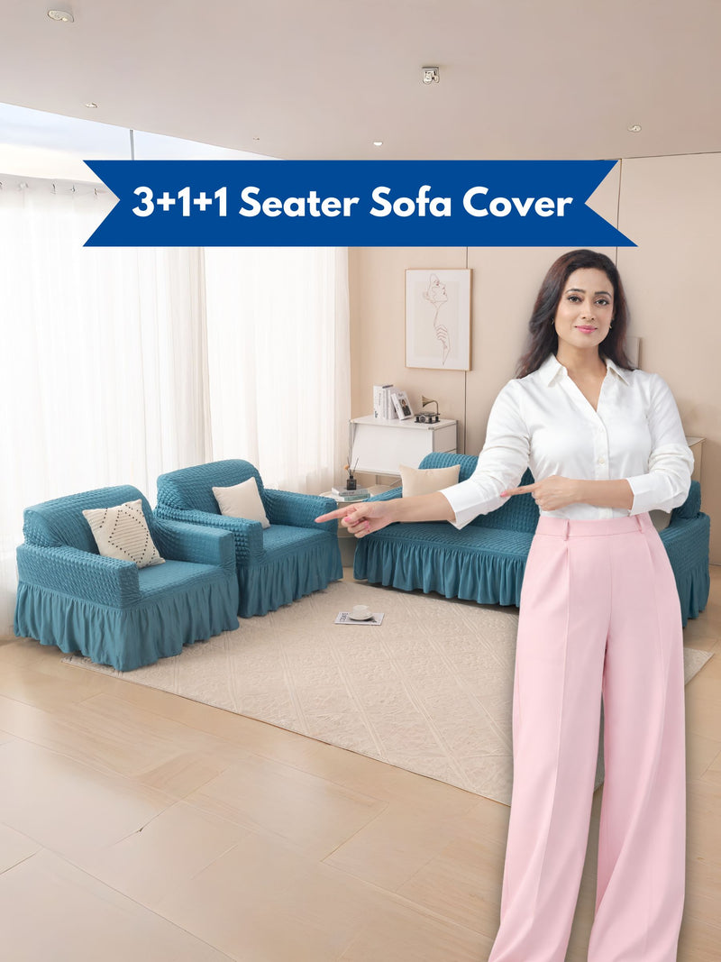 Premium 3+1+1 Seater Elasticated Stretchable Sofa Cover Set with Frill Skirt (Peacock Blue)