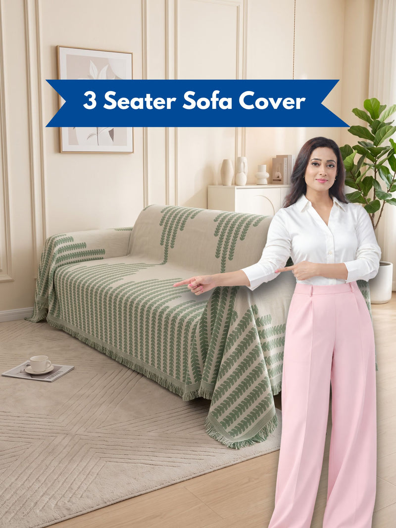 Modern Sage Green Leaf Printed 3-Seater Sofa Cover with Fringe Details | Couch Slipcover Protector