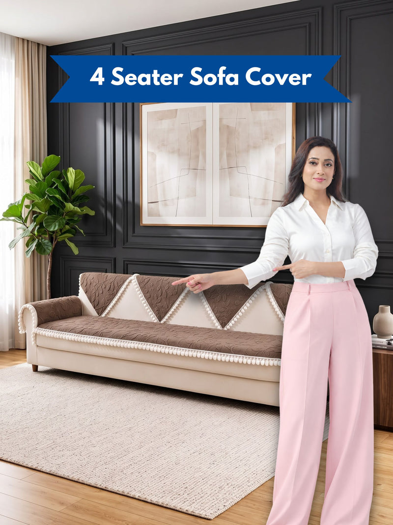 Luxury Floral Jacquard 4-Seater Sofa Cover Mat with Pom-Pom Lace Border – Anti-Slip Extra-Large Couch Runner Protector Set (Brown / Coffee)
